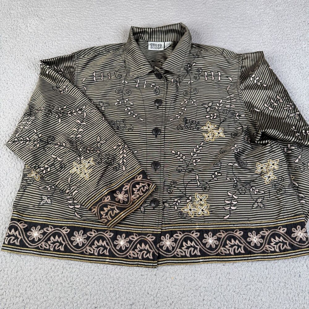 CHICO'S Jacket 3 Large Green Black Stripe Floral Silk Embroidered Lightweight